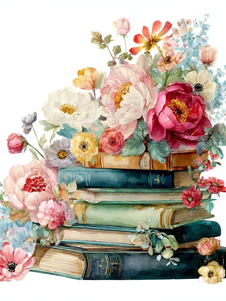 Floral Bookshelf — Watercolor Print. poster — illustration art