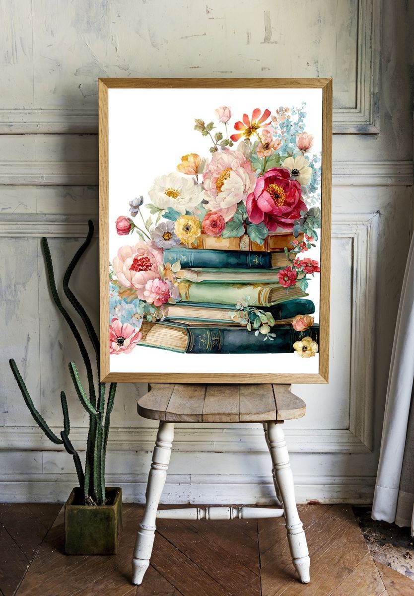 Floral Bookshelf — Watercolor Print room preview