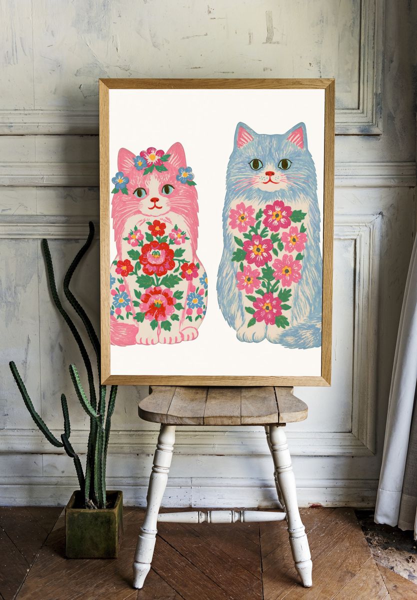 Floral Cats Illustration Poster. — room view 1
