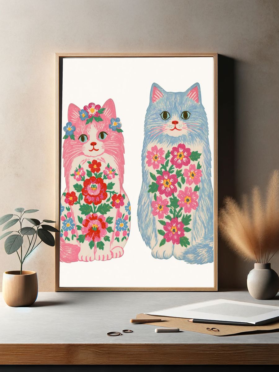 Floral Cats Illustration Poster. — room view 2
