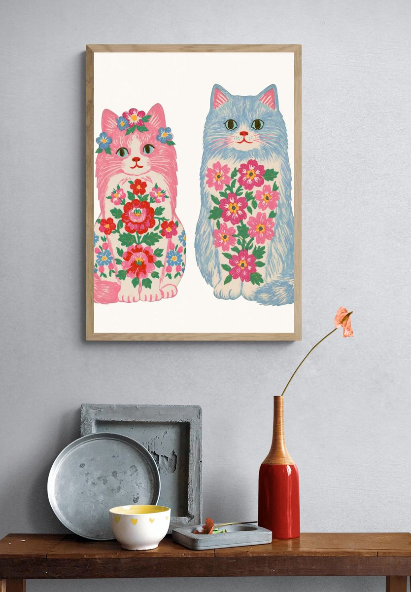 Floral Cats Illustration Poster. — room view 3