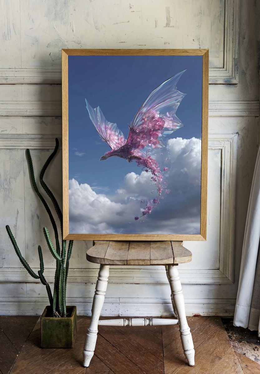 Floral Dragon in Flight — Digital Art Print room preview