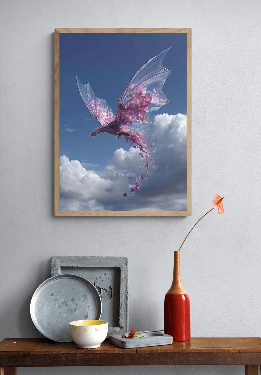Floral Dragon in Flight — Digital Art Print. — room view 3