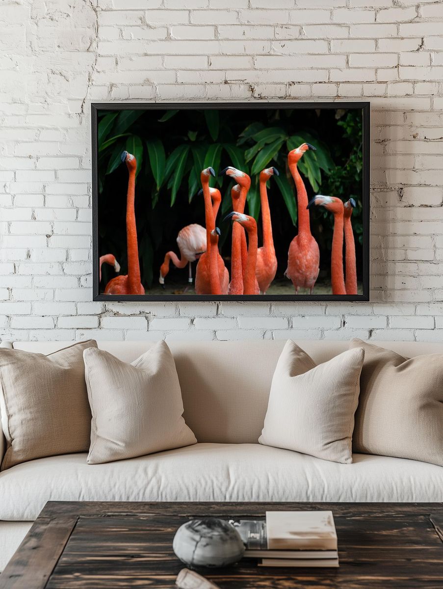 Flamingos in Tropical Paradise — Nature Print. — room view 1