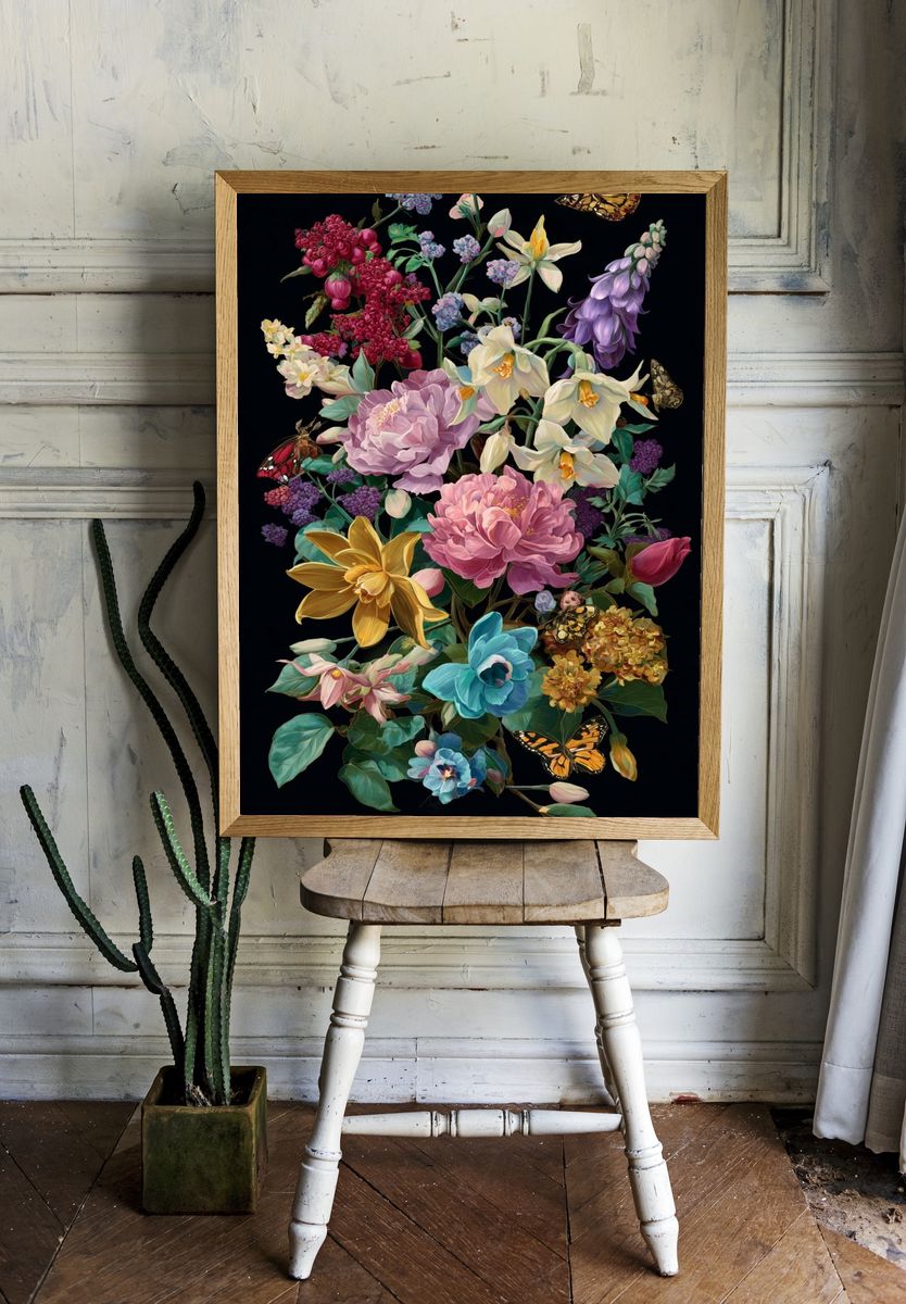 Floral Bouquet with Butterflies — Illustration Print. room preview