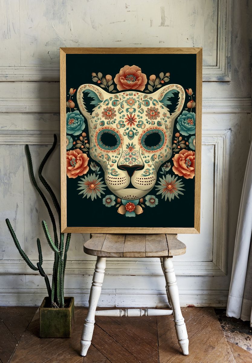 Floral Leopard Skull Illustration Poster room preview