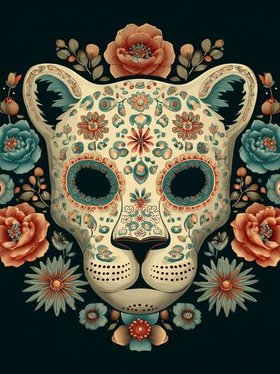 Floral Leopard Skull Illustration Poster. poster