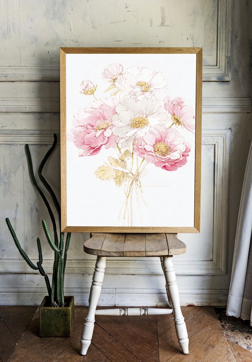 Pink and White Floral Watercolor Poster room preview