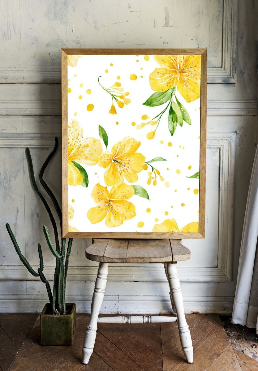 Yellow Floral Watercolor Poster. room preview