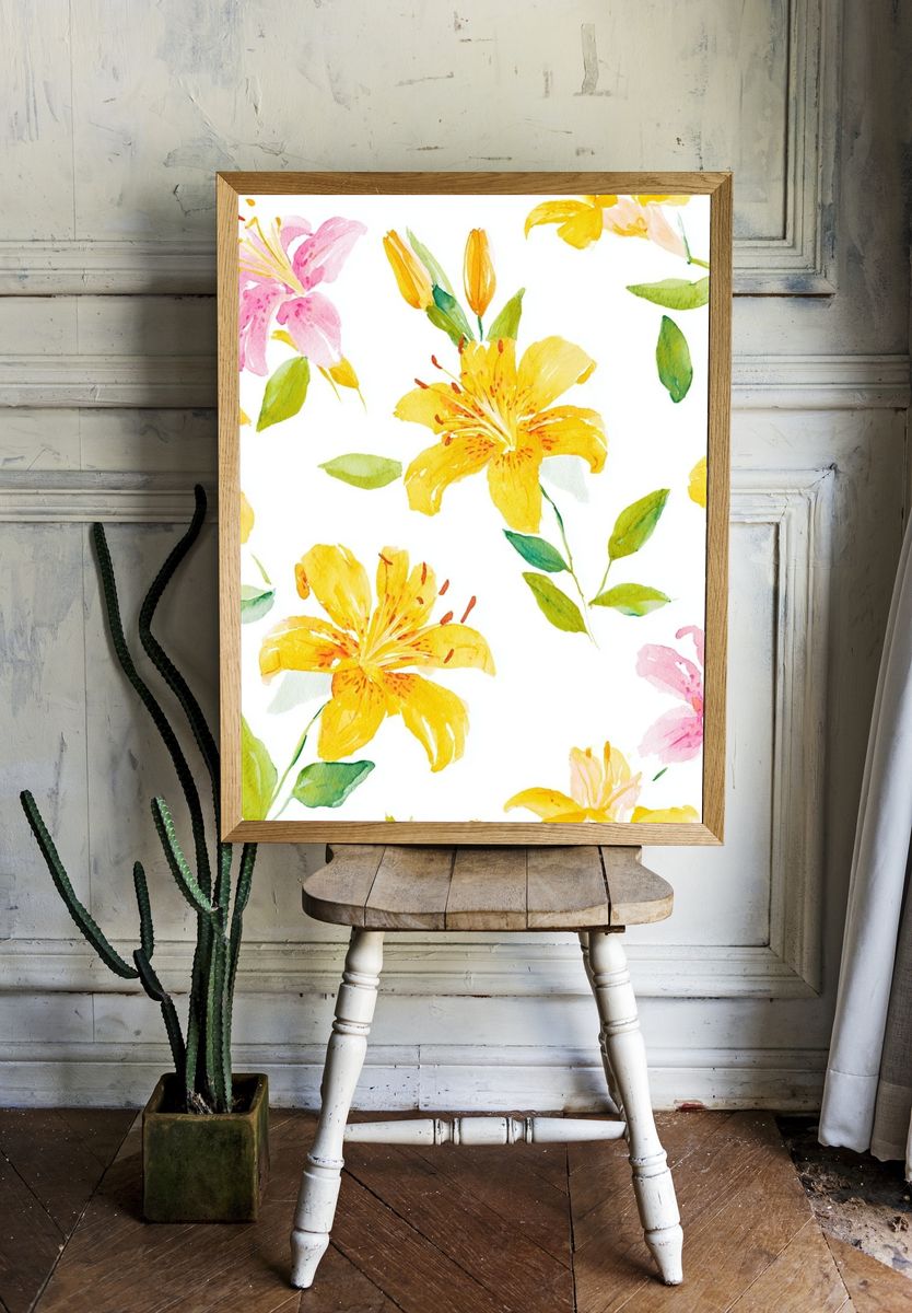 Yellow and Pink Floral Watercolor Poster. room preview