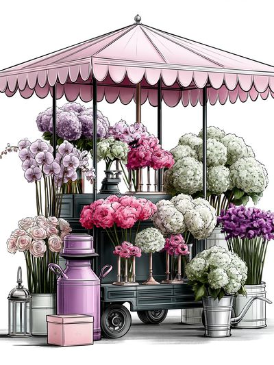 Flower Market Cart Illustration Poster.
