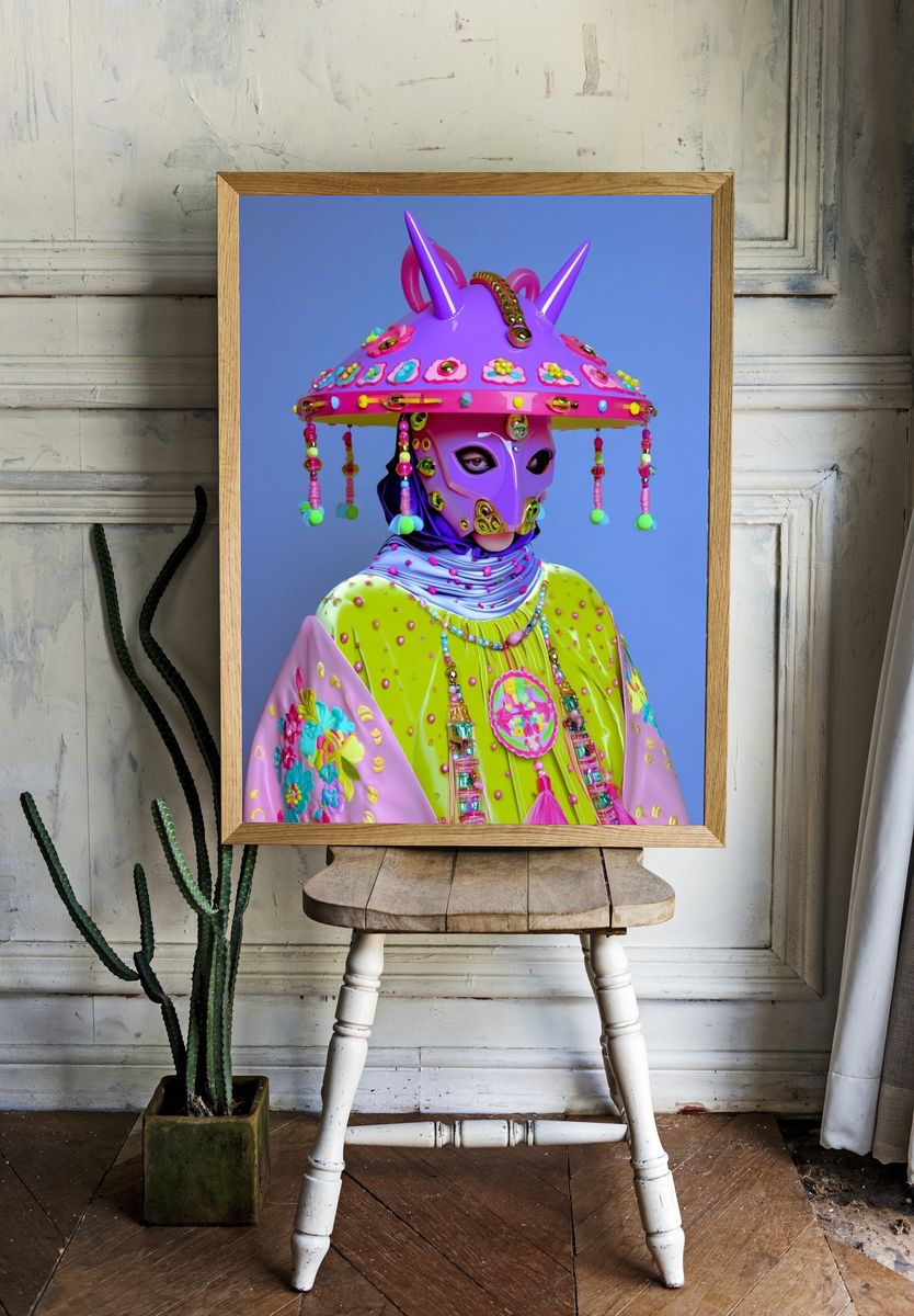 Colorful Futuristic Masked Figure Poster room preview