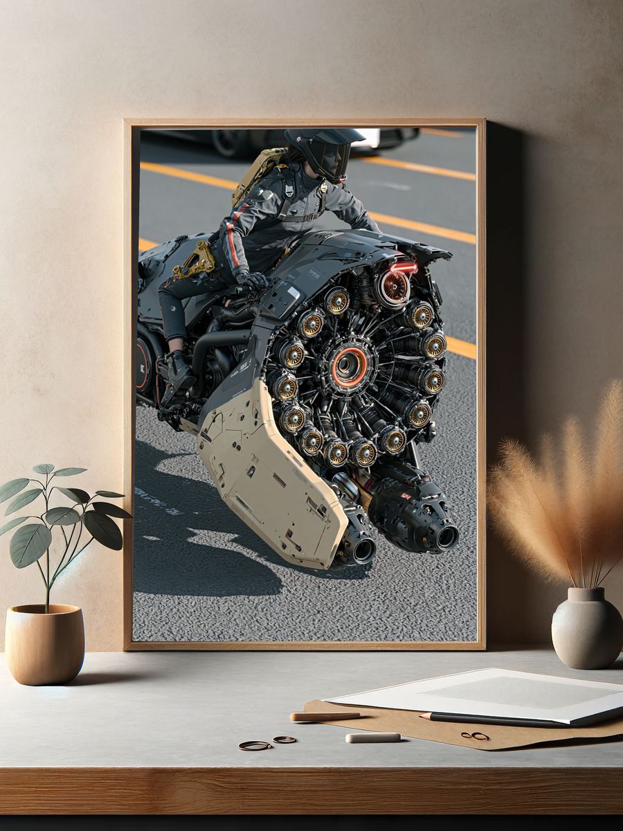 Futuristic Motorcycle Rider Poster. — room view 2
