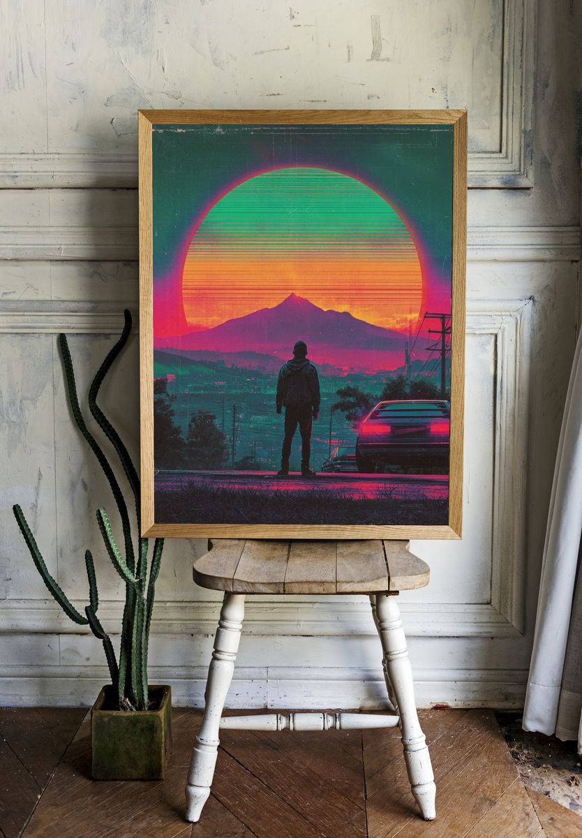 Neon Sunset Skyline Retro Print room preview