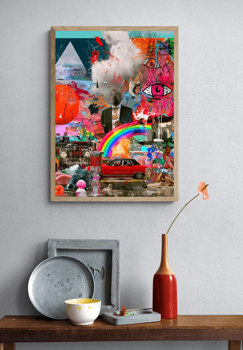 Surreal Neon Collage Poster. — room view 3