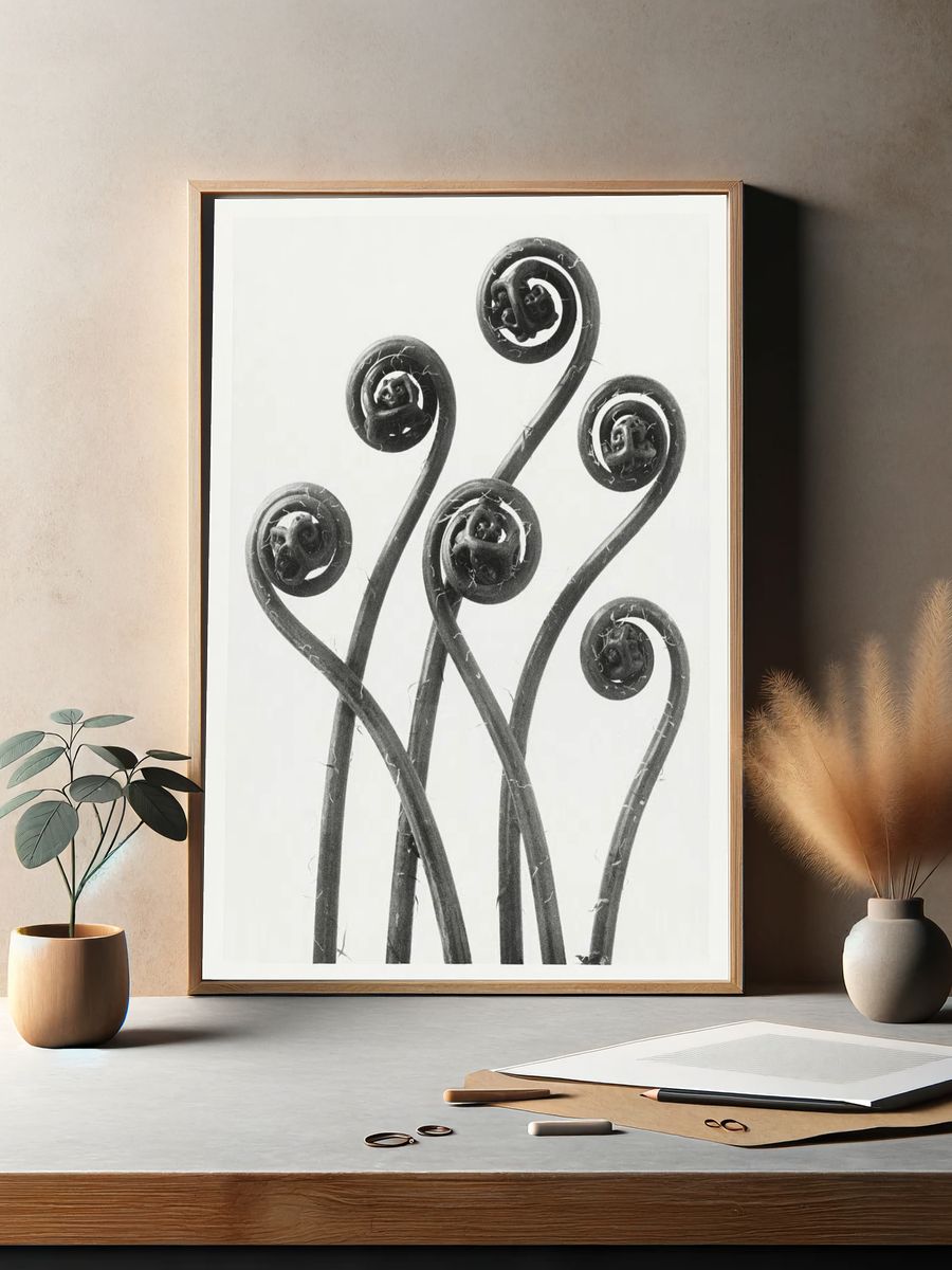 Fiddlehead Ferns — Black and White Print. — room view 2