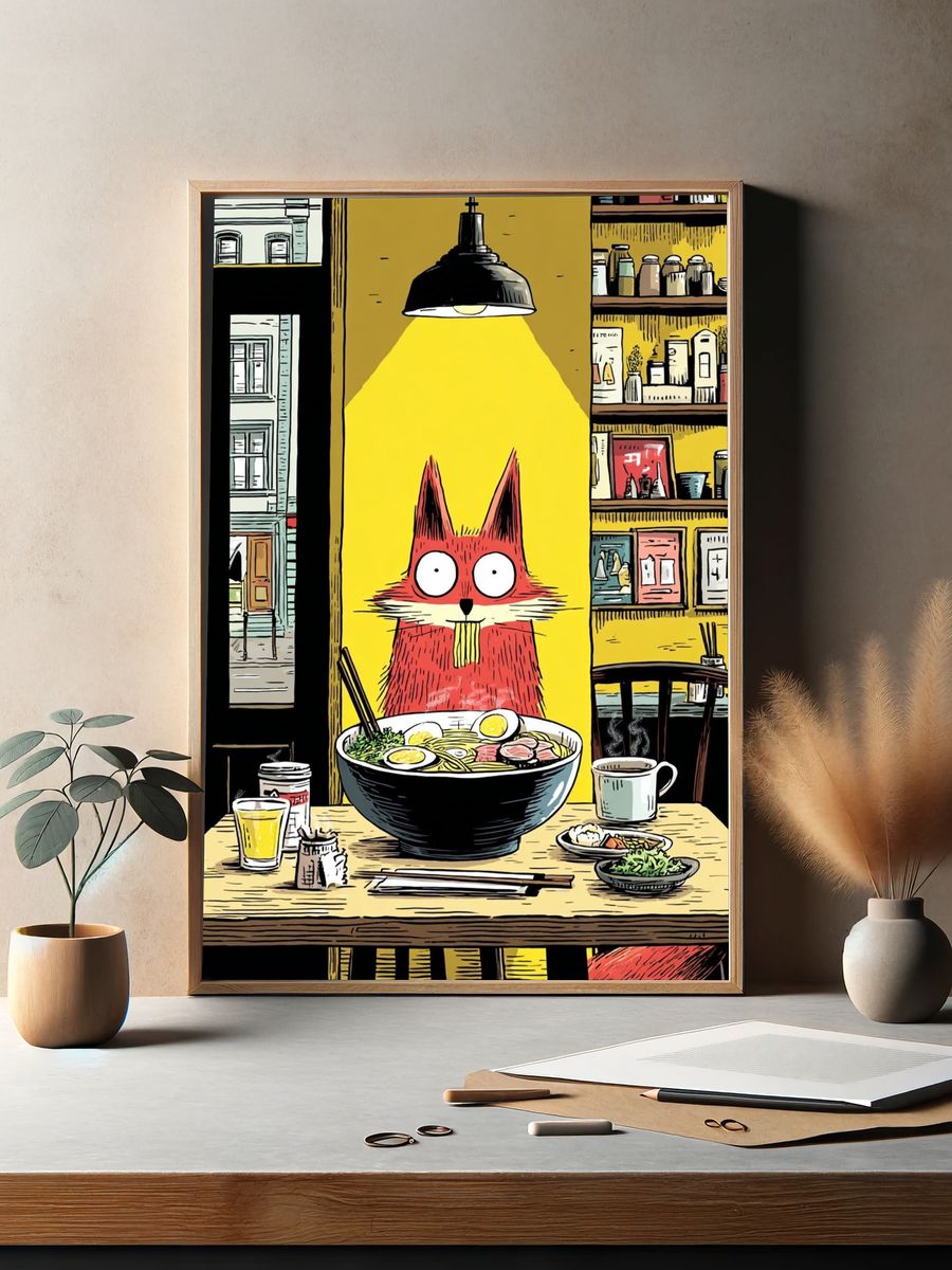 Fox Eating Ramen — Illustration Print. — room view 2