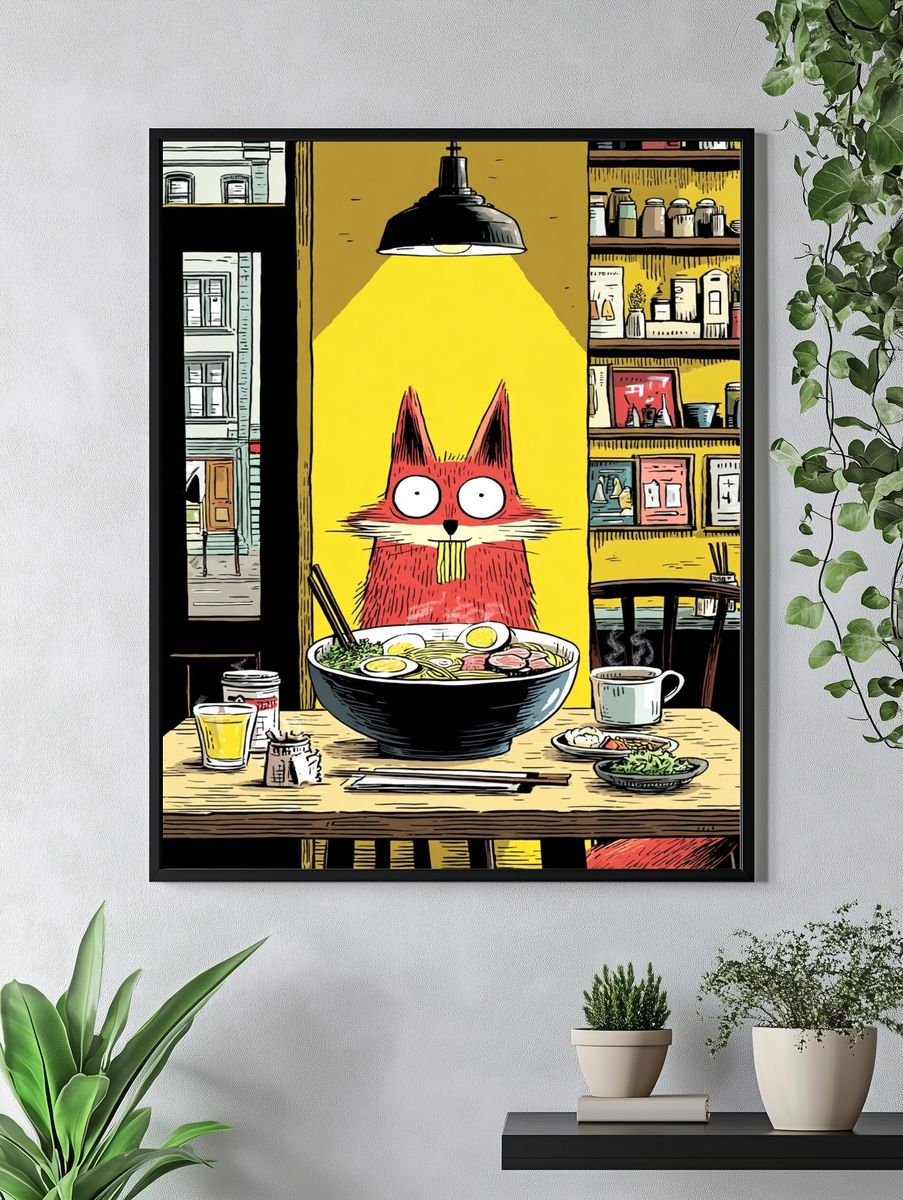 Fox Eating Ramen — Illustration Print. — room view 4