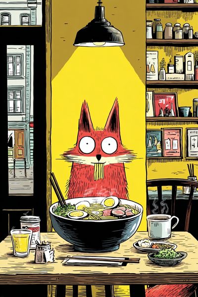 Fox Eating Ramen — Illustration Print. poster