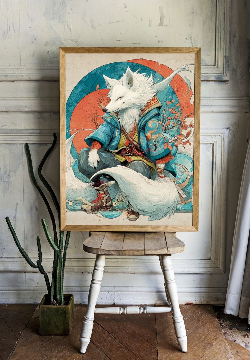 Mythical Fox Warrior — Illustration Print. room preview
