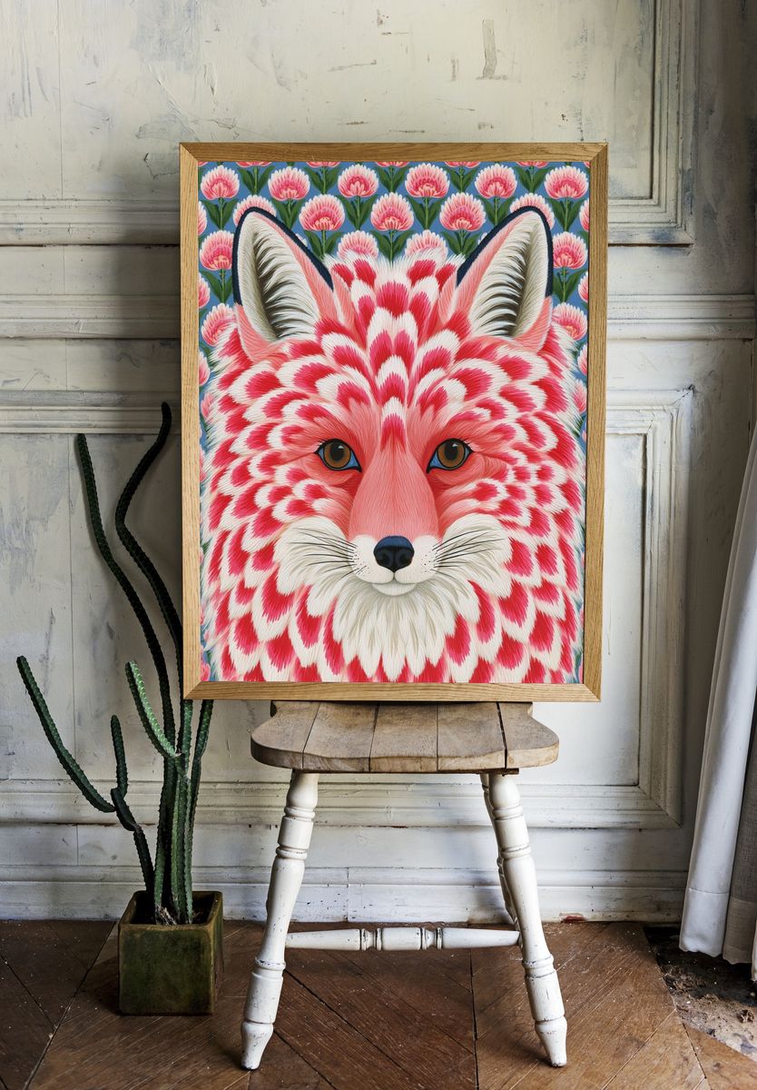 Pink Fox Floral Illustration Poster. — room view 1
