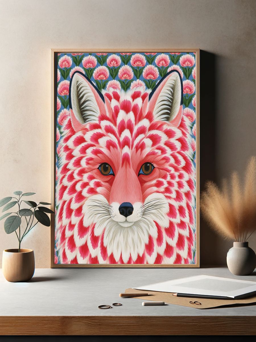 Pink Fox Floral Illustration Poster. — room view 2