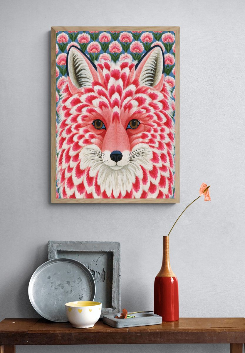 Pink Fox Floral Illustration Poster. — room view 3