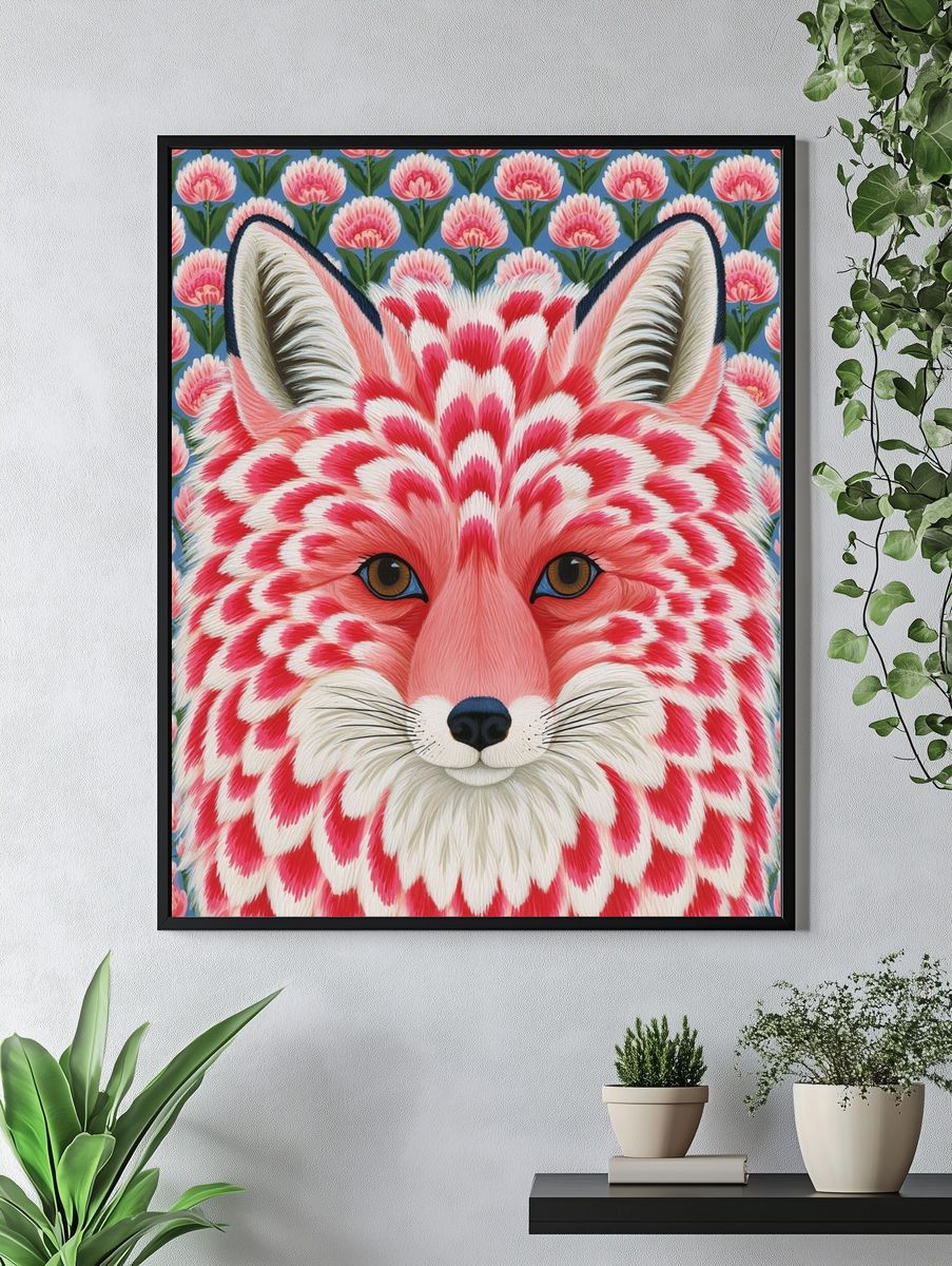 Pink Fox Floral Illustration Poster. — room view 4
