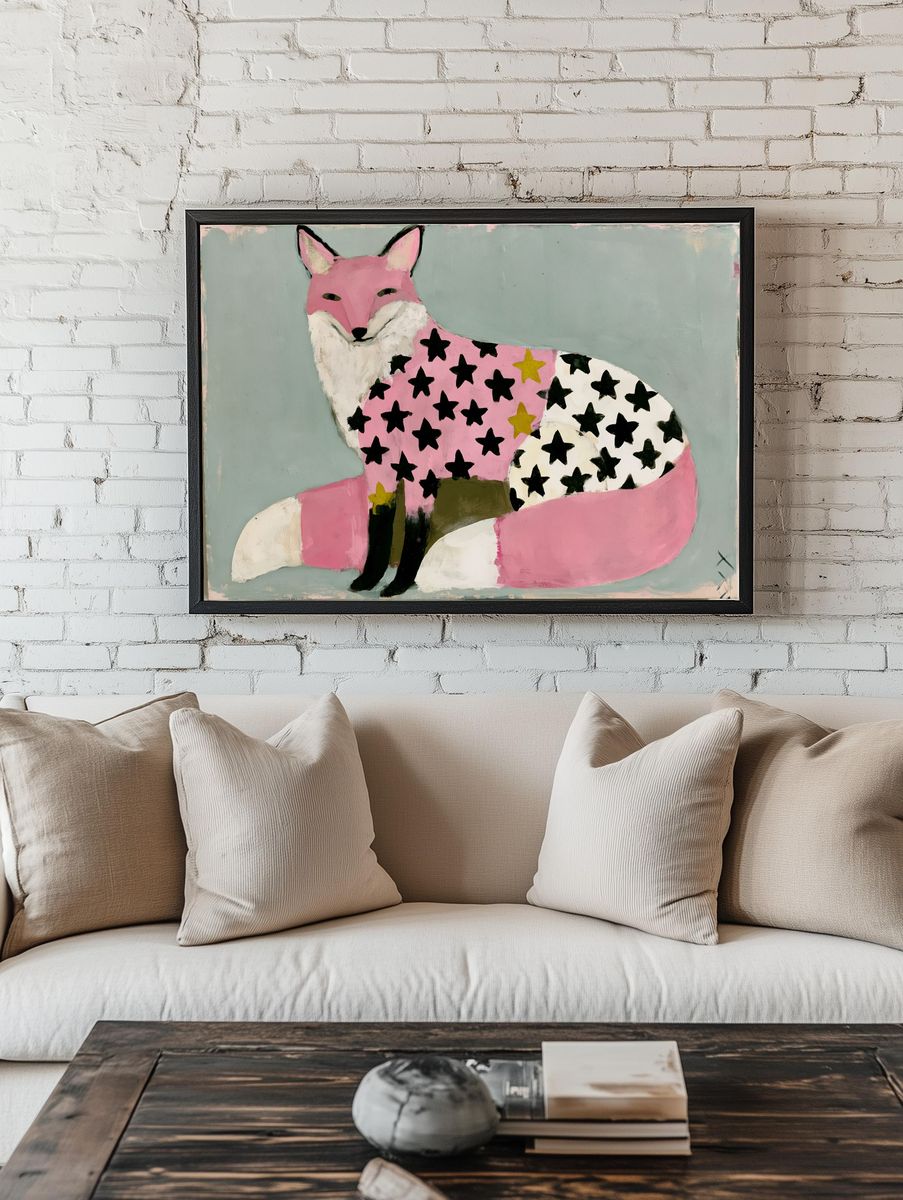 Pink Fox with Stars Illustration Poster. — room view 1