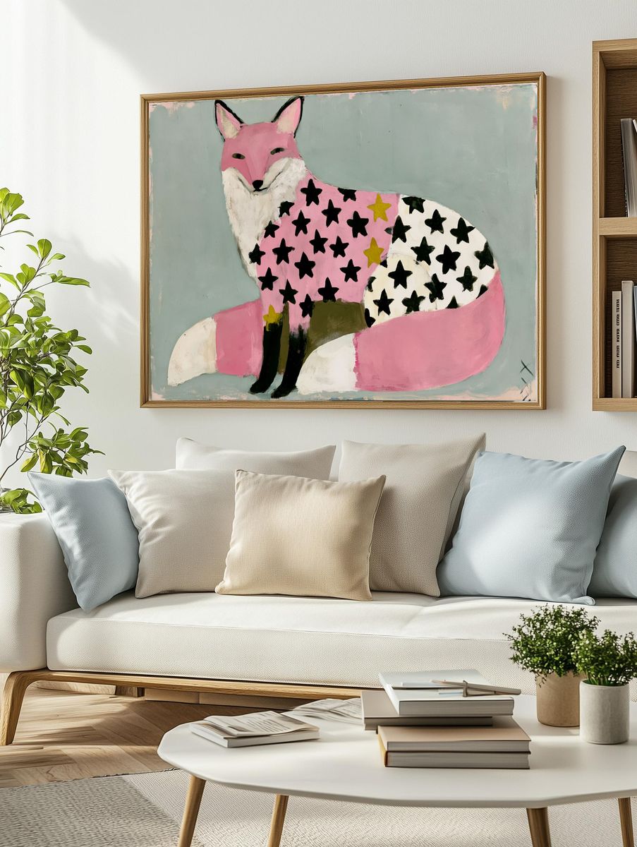 Pink Fox with Stars Illustration Poster. — room view 2