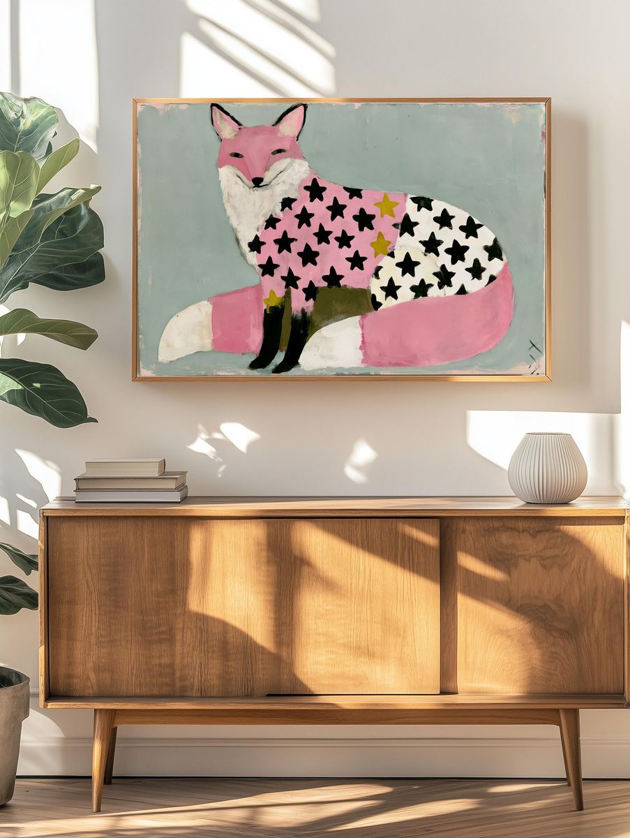 Pink Fox with Stars Illustration Poster. — room view 3