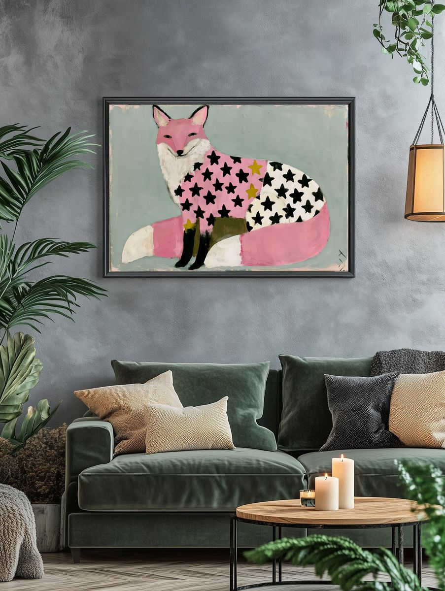 Pink Fox with Stars Illustration Poster. — room view 4