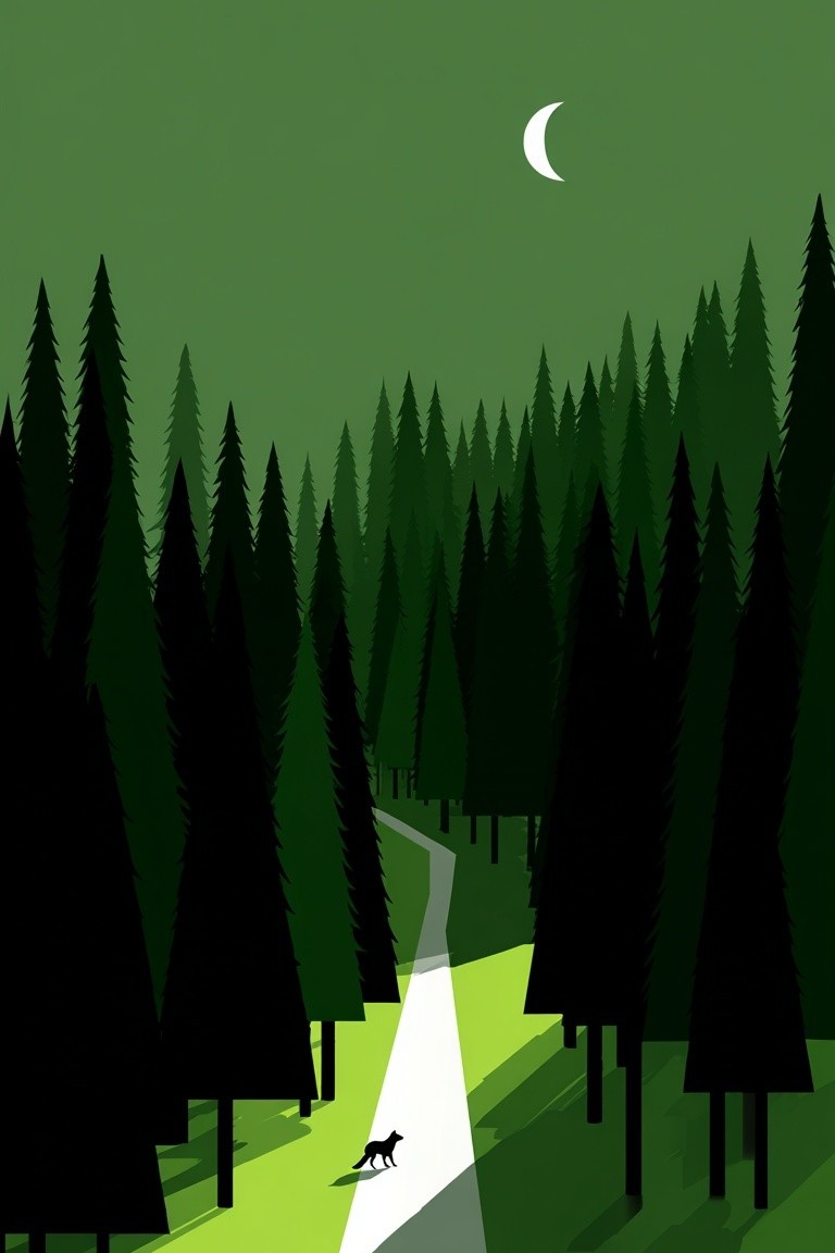 Forest Path with Moon — Illustration Print. poster — illustration art