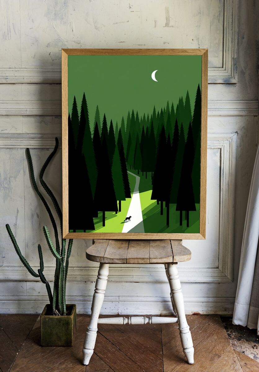 Forest Path with Moon — Illustration Print room preview