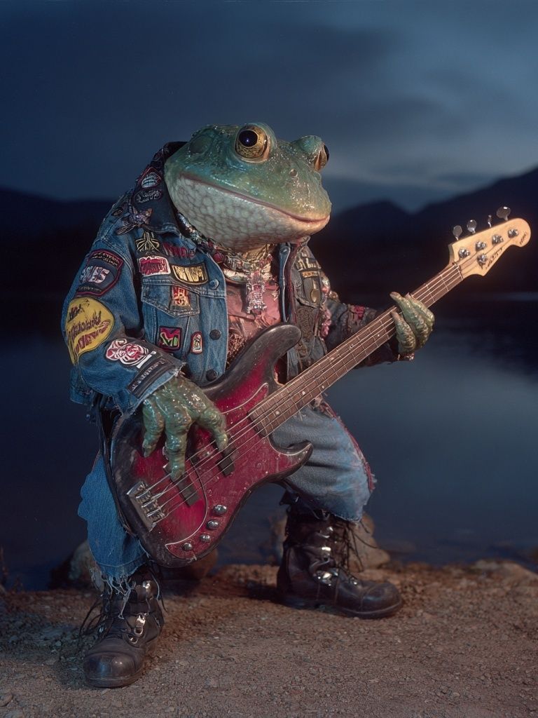 Rockstar Frog Playing Bass — Funny Print. poster — animals art