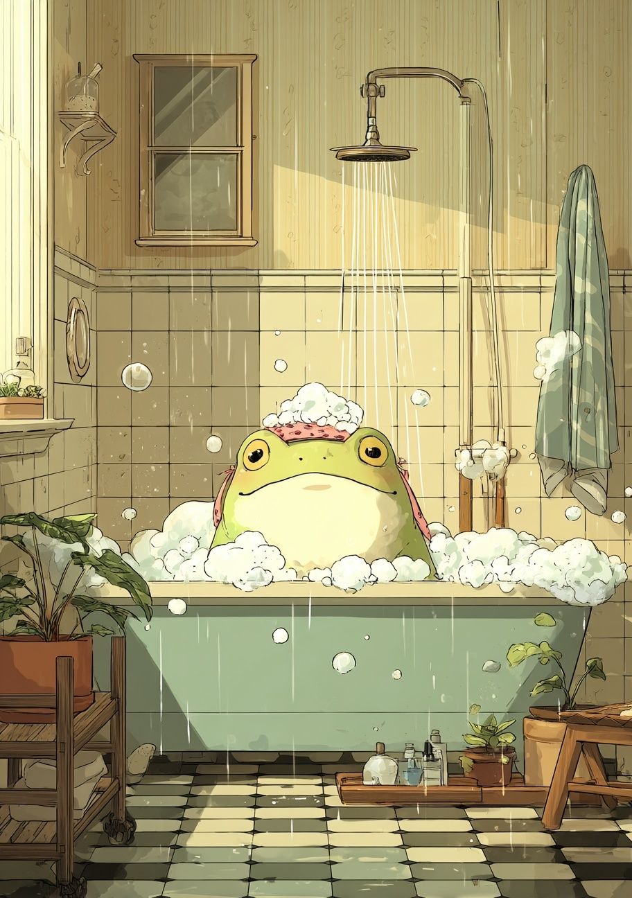 Relaxing Frog in Bathtub — Illustration Print. poster detail