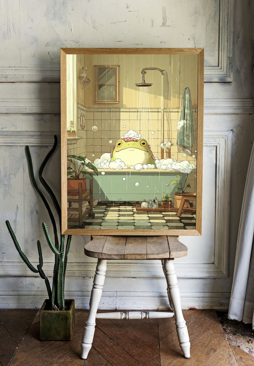 Relaxing Frog in Bathtub — Illustration Print. — room view 1
