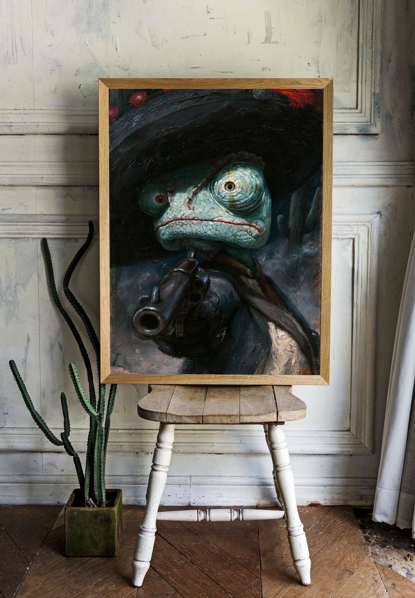 Frog Gunslinger Surrealism Print. — room view 1