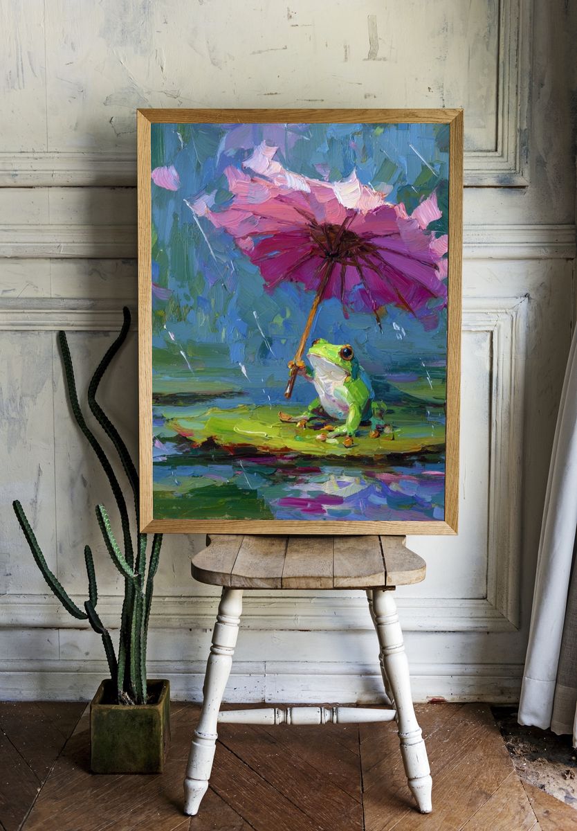 Frog with Pink Umbrella — Whimsical Art Print. room preview