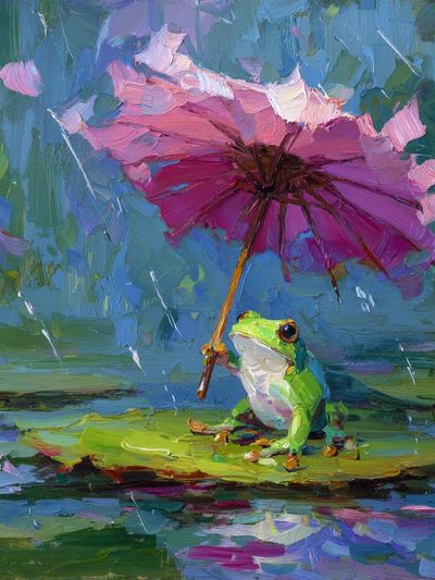 Frog with Pink Umbrella — Whimsical Art Print. poster print