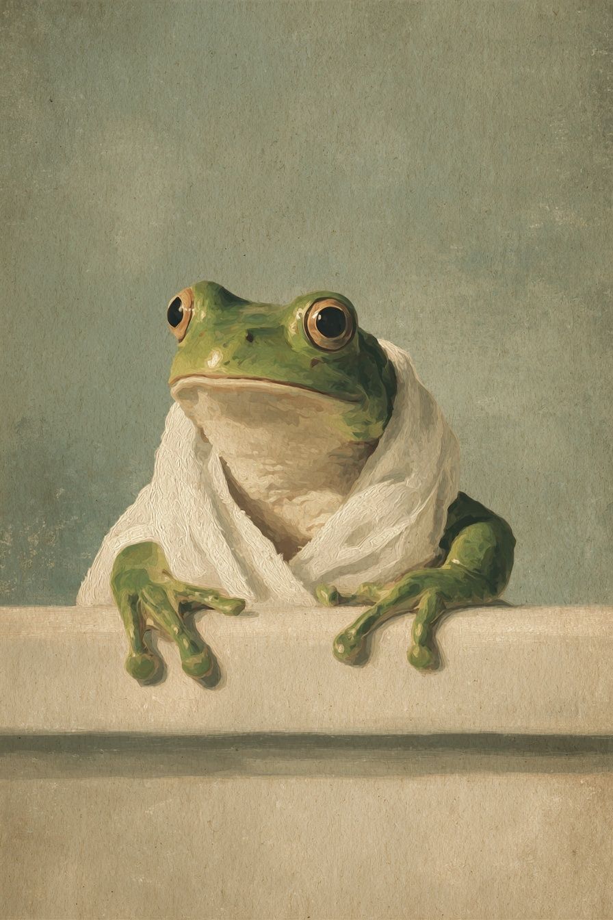 Towel-Wrapped Frog Illustration Poster. poster — illustration art