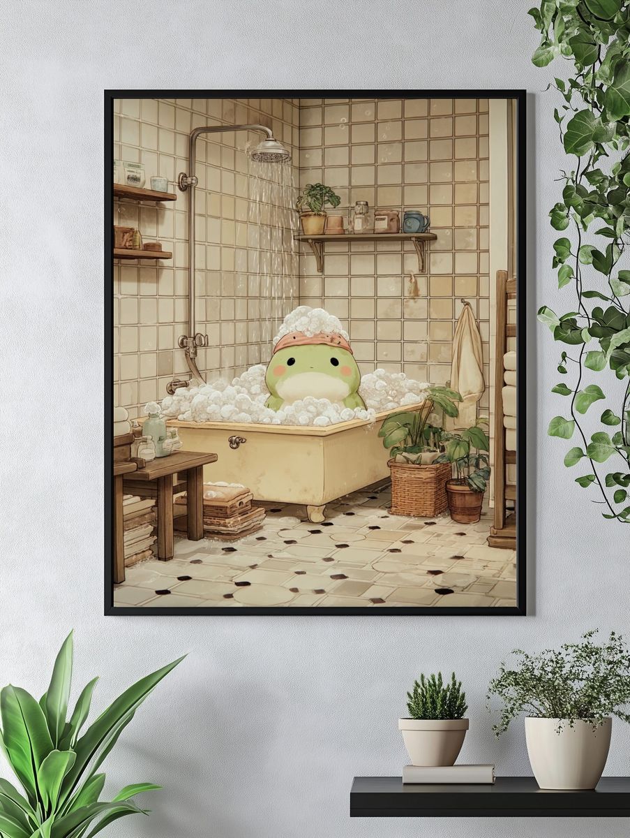 Cute Frog in Bathtub — Illustration Print. — room view 4