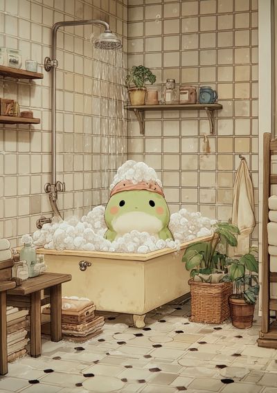 Cute Frog in Bathtub — Illustration Print. poster