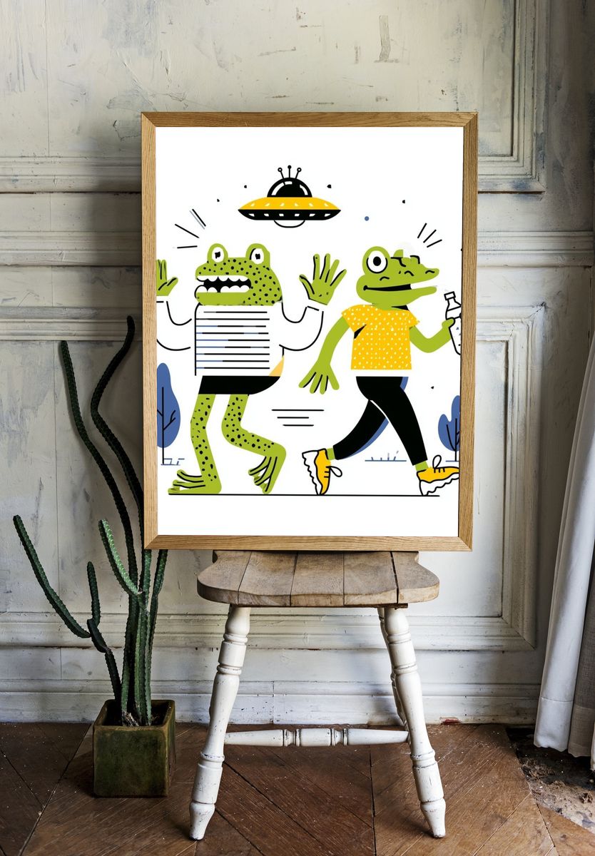 Playful Frog Duo Illustration Poster. — room view 1