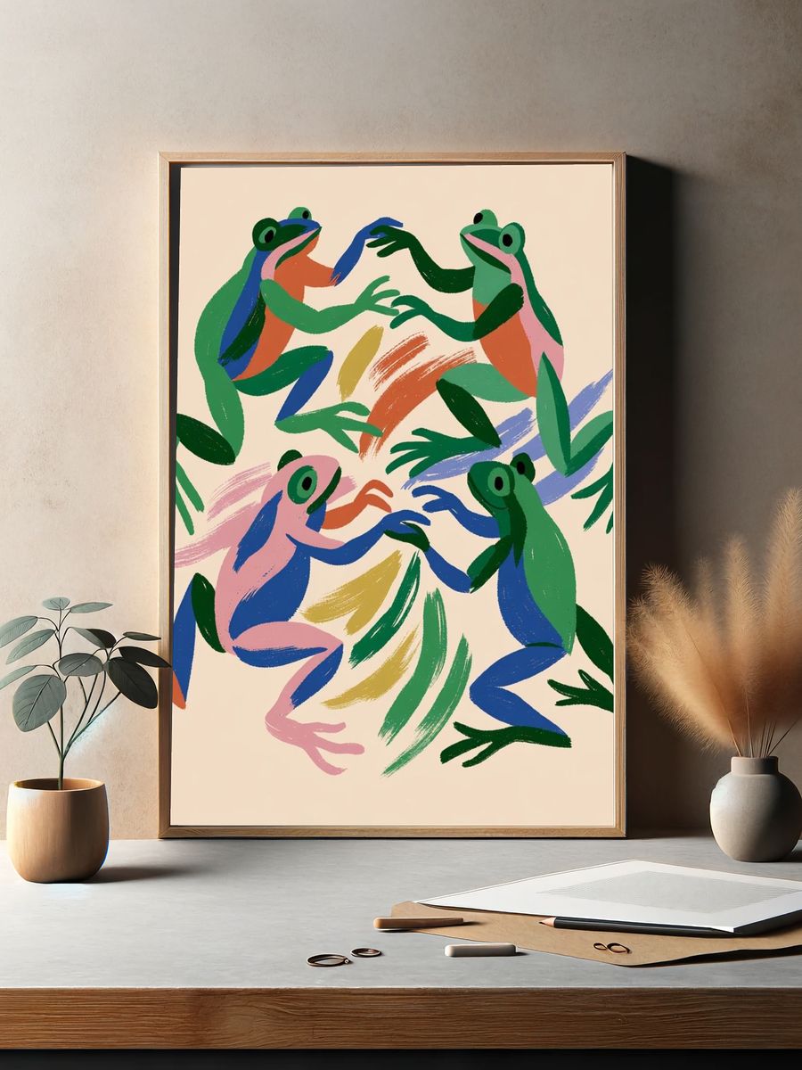 Colorful Frogs Illustration Poster. — room view 2