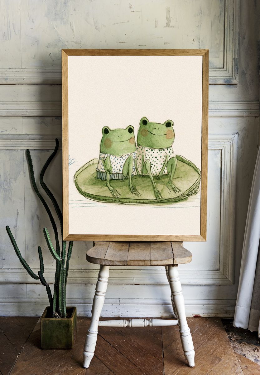 Two Frogs on Lily Pad Print. room preview