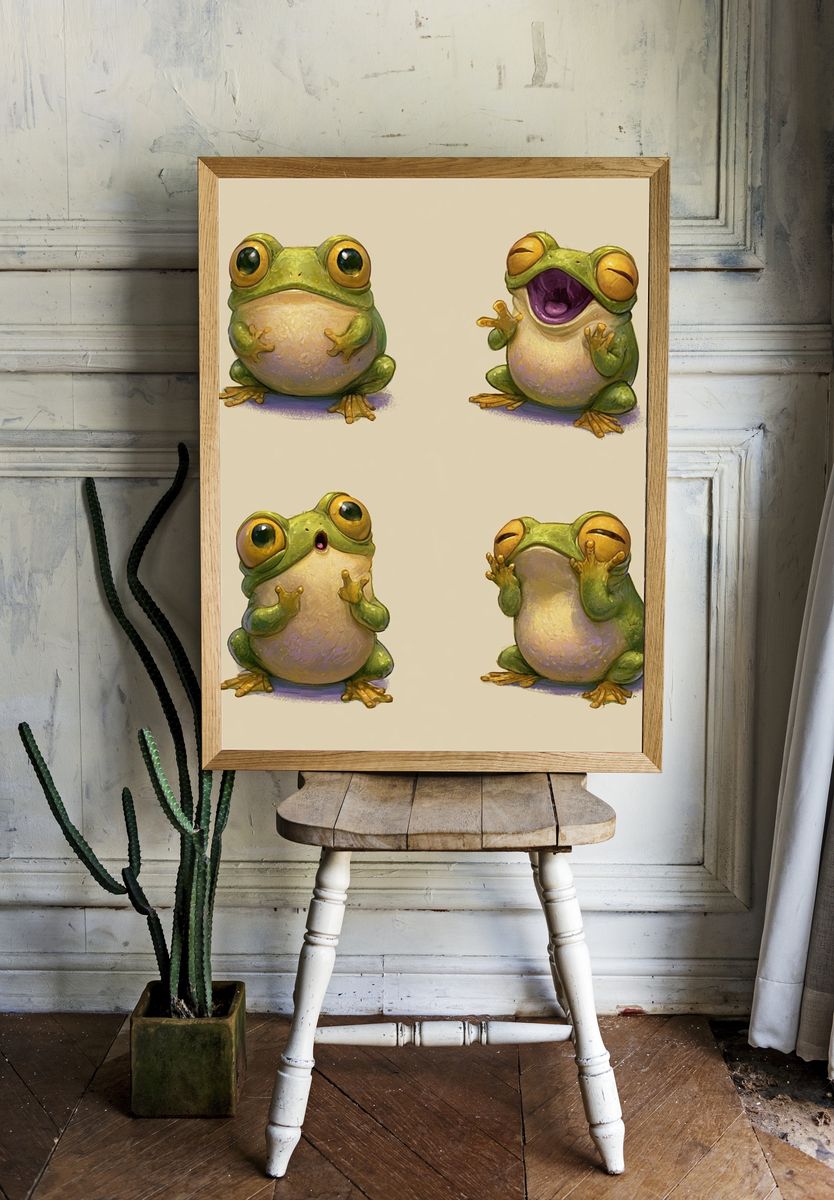 Playful Frog Expressions Illustration Poster. room preview