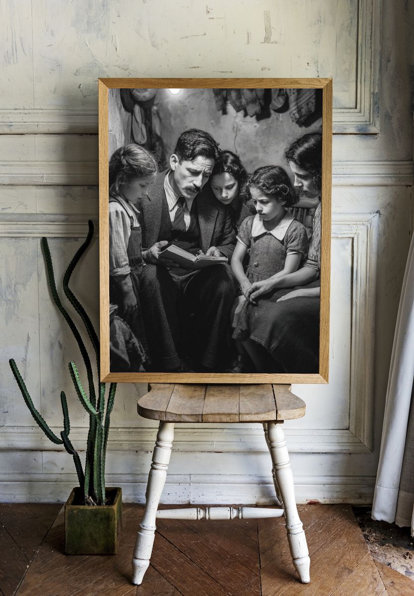 Family Reading Together — Vintage Print. — room view 1