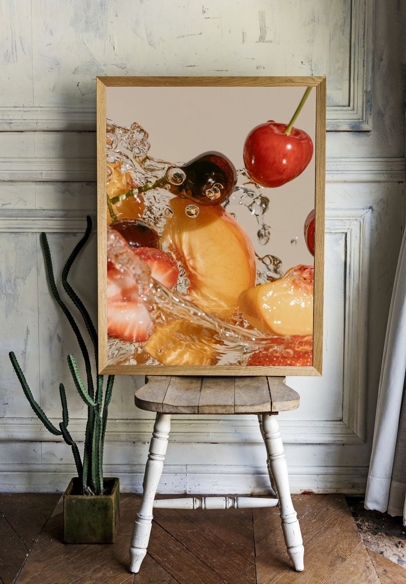 Floating Fruit Splash Photography Poster. room preview