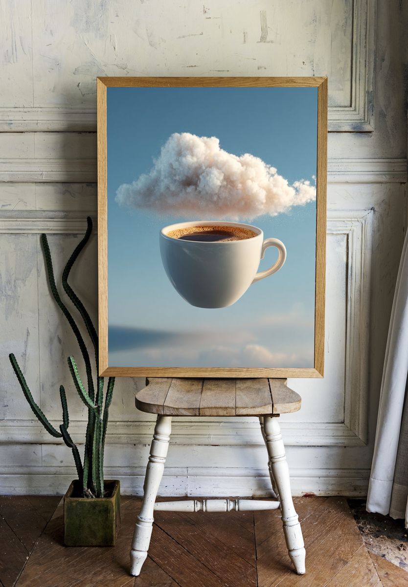 Floating Coffee Cloud Surrealism Print room preview
